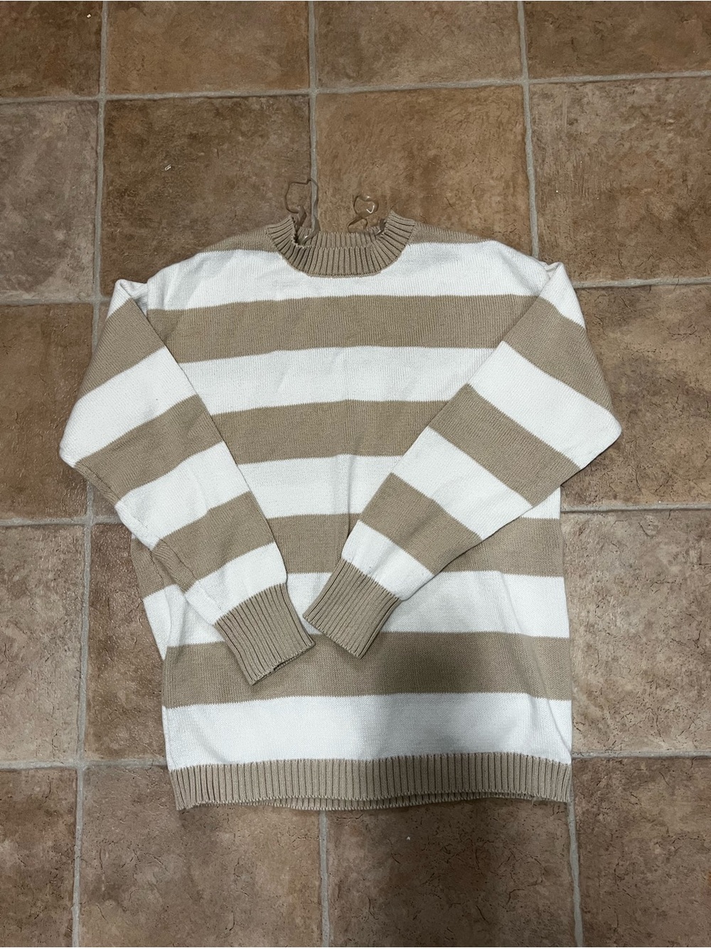 No Boundaries Beige and White Striped Crewneck Sweater